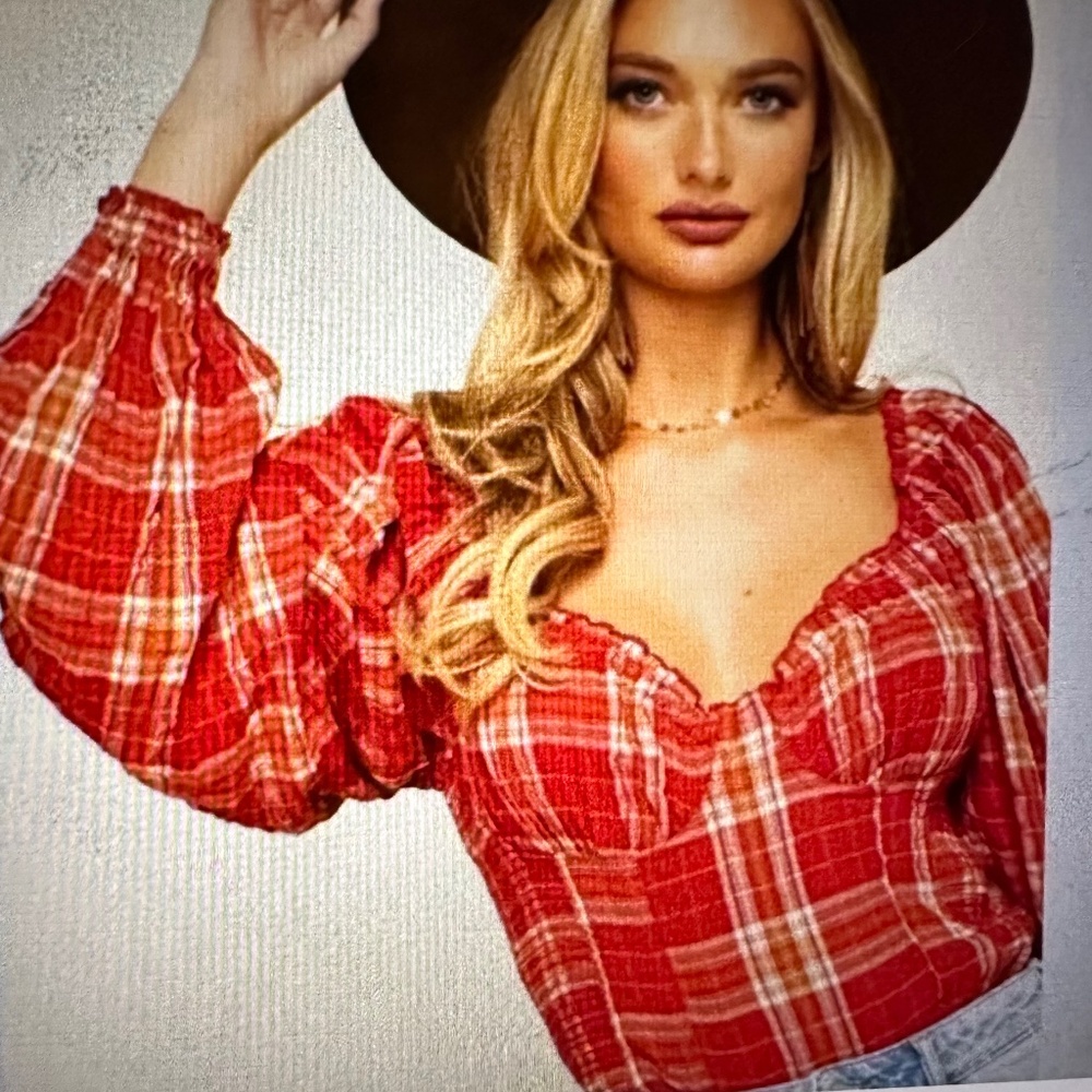 Free People Cherry Bomb Madras’s Plaid Blouse